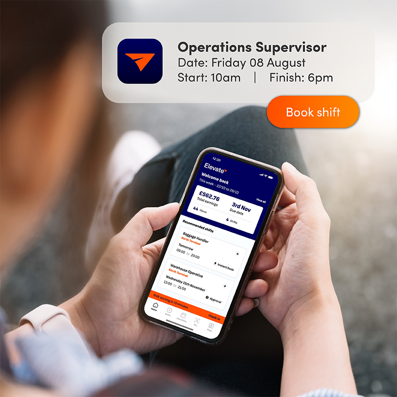 Person using Elevate app on phone with Operations Supervisor shift notification, demonstrating easy booking for maritime staff scheduling.