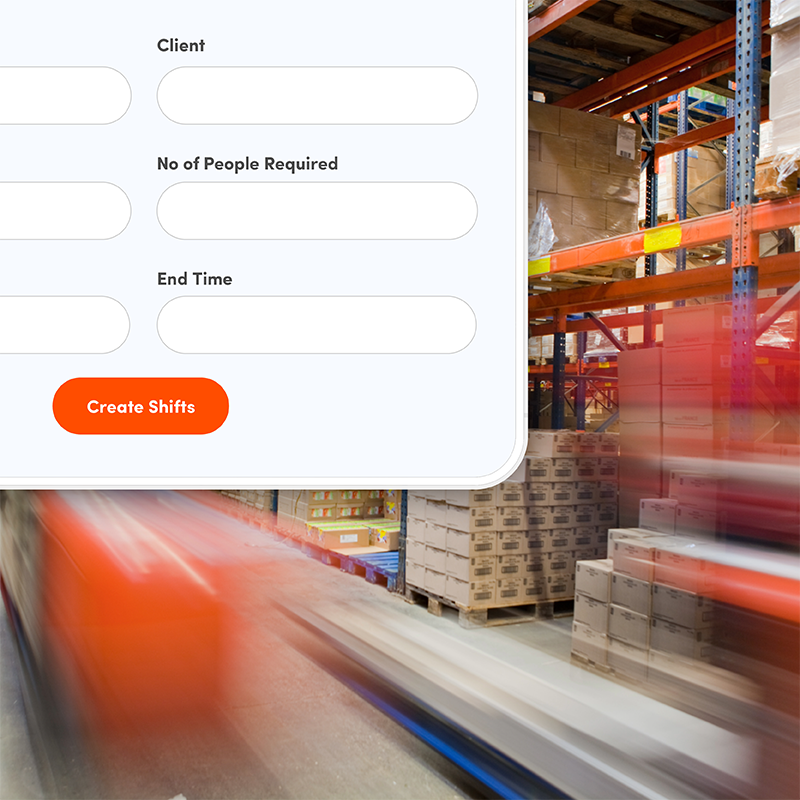 Busy warehouse scene with Elevate labour management system in foreground, demonstrating simple shift creation for logistics operations.