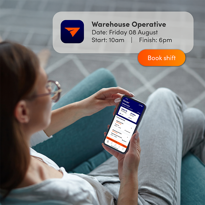 Person using Elevate app on phone with Warehouse Operative job notification, demonstrating easy booking for logistics staff scheduling.