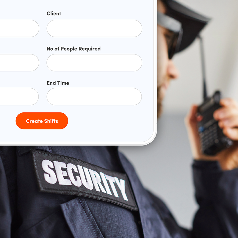 Security guard on walkie-talkie with Elevate staff scheduling software, demonstrating simple shift creation for security services.