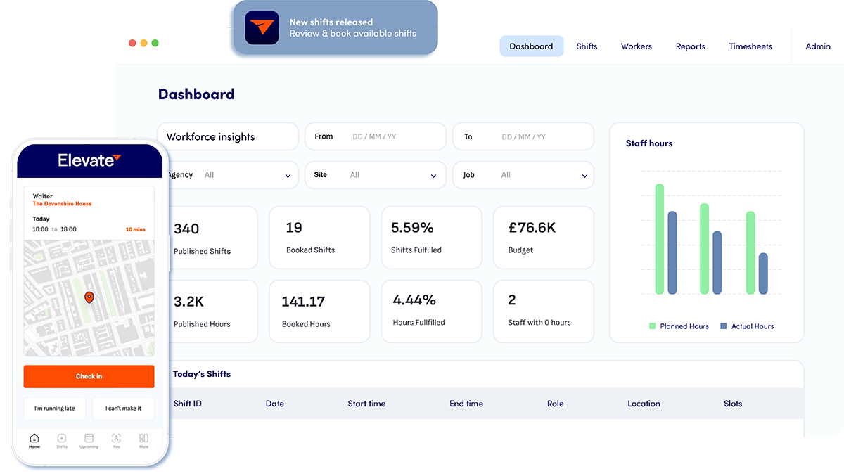 Elevate workforce management software dashboard and mobile app, illustrating a platform for high-volume labour management at scale