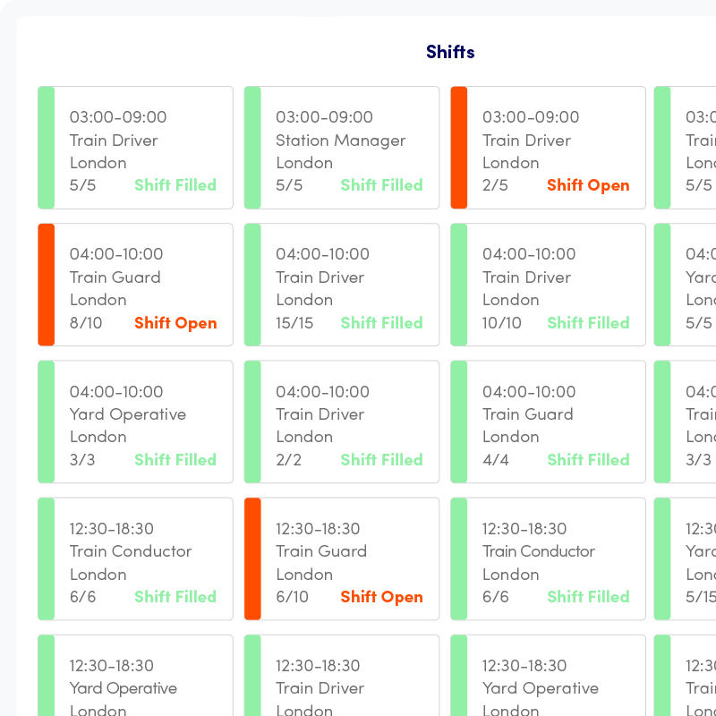 Elevate app displaying upcoming rail shift fulfilment and capacity, for effective workforce management and rostering.