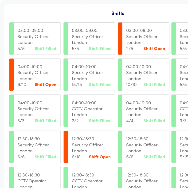 Elevate app displaying upcoming security shift fulfilment and capacity, for effective workforce management and rostering.