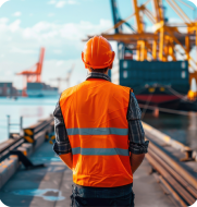 Optimising Maritime & Ports Efficiency High-vis worker at shipping yard looking at cranes, representing optimised workforce management in the maritime and port industry.